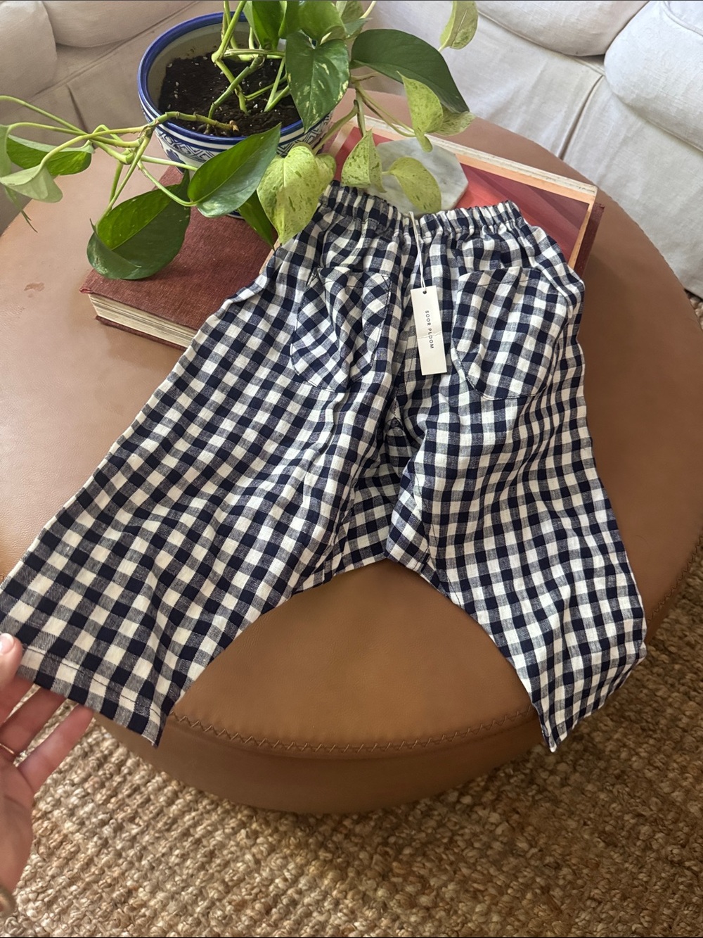 Soor ploom Navy & White Gingham Elastic-Waist pants